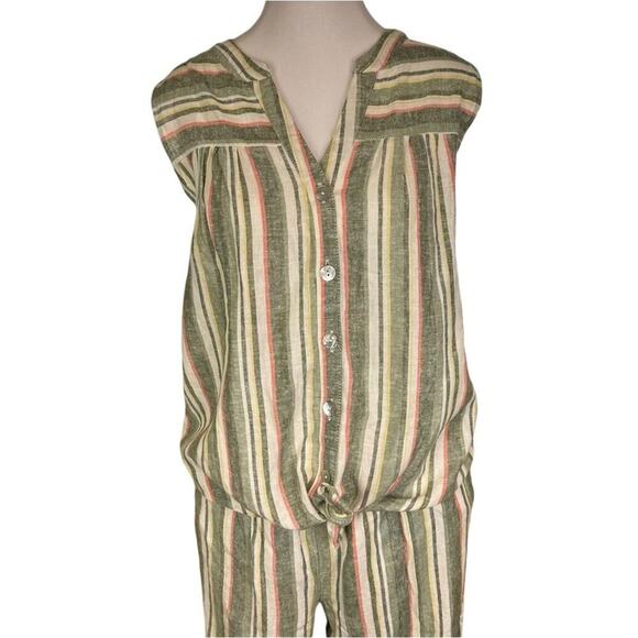 Ruby Rd Linen Blend Striped Cropped Pant Shirt Set Size Medium Petite Green - Picture 2 of 8